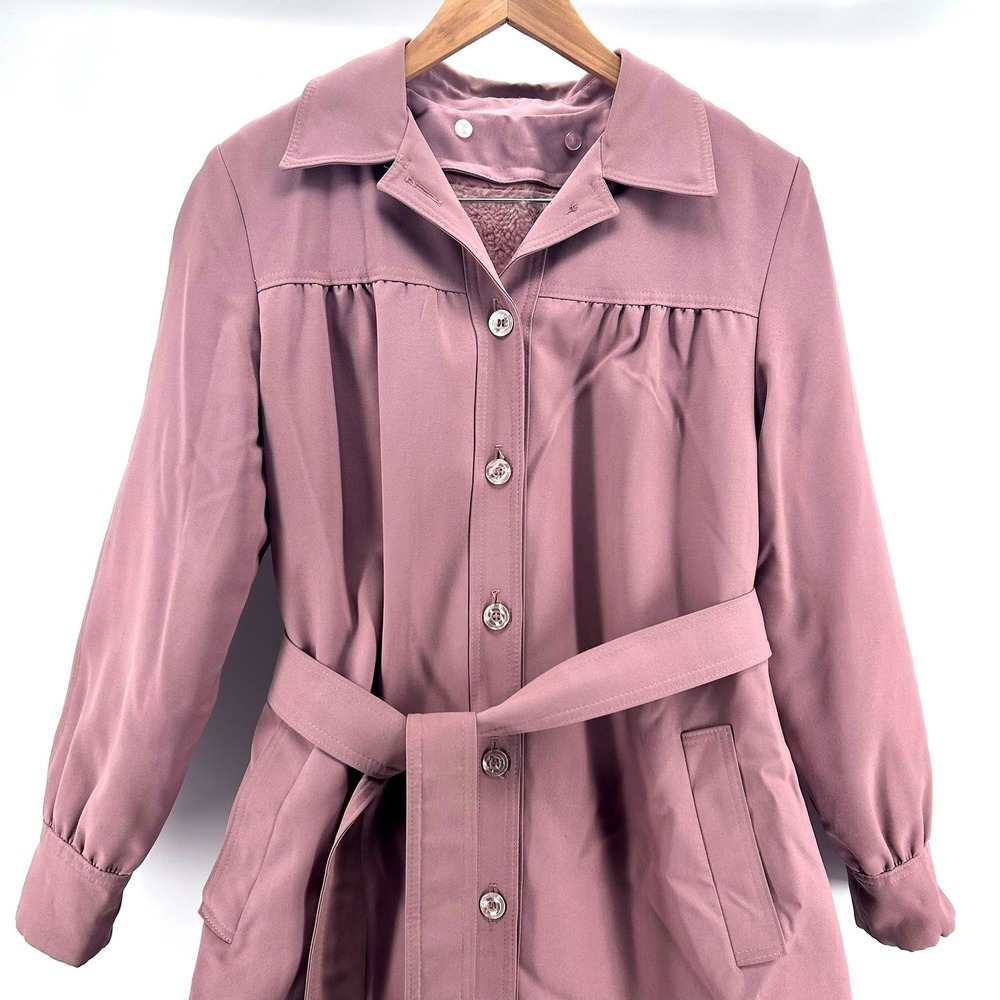 VTG Sears Dusty Rose Mauve Belted Trench Coat Faux Fur Removeable Lining Size 16